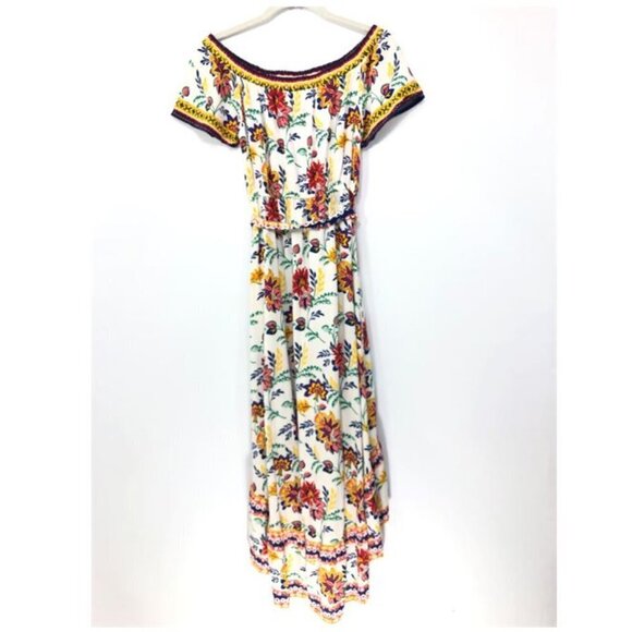 FLYING TOMATO Size M Hi Low Short Sleeve Off Shoulder Dress Flora Colorful Rayon - Picture 2 of 5